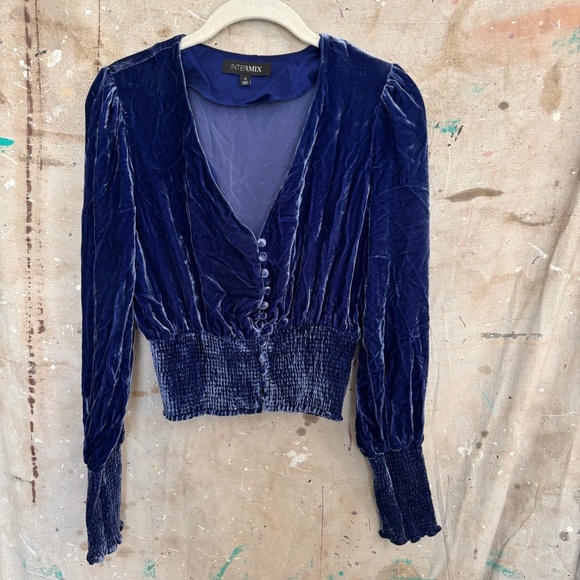 Intermix Blue Velvet Elon Long Sleeve Crop Top - Picture 2 of 5